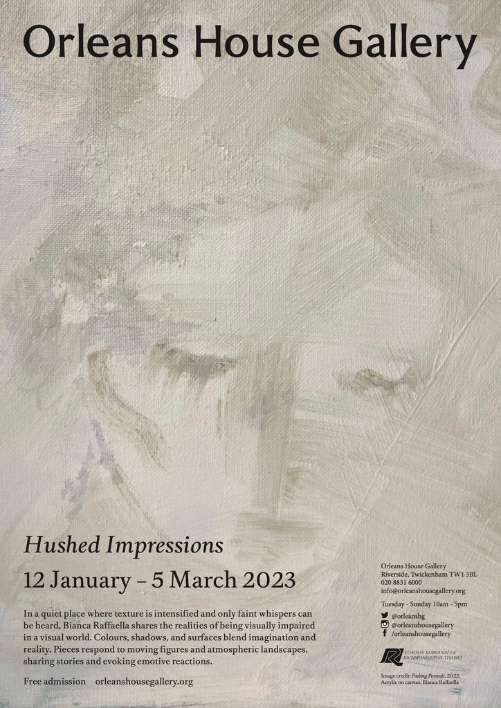 The official exhibition poster from Orleans House Gallery for 'Hushed Impressions'